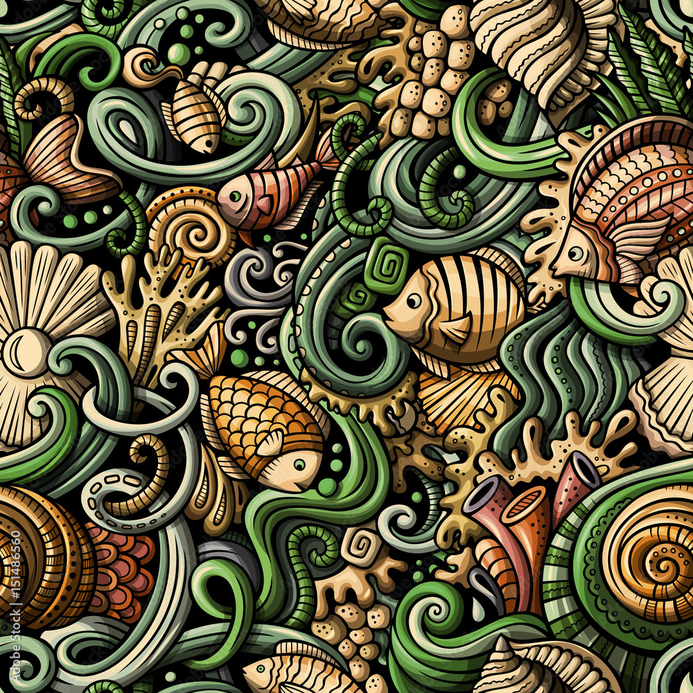 Obraz premium Cartoon doodles under water life seamless pattern