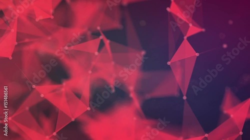 Abstract red polygonal background with moving dots and triangles. Connection structure. 3d animation. 