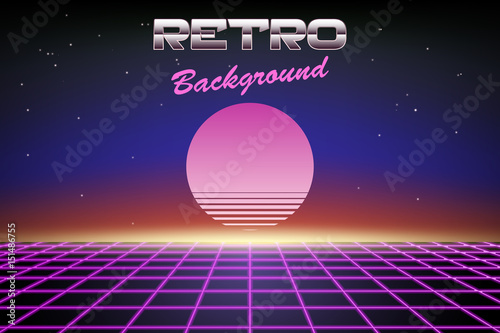 Retro background 80s, sun or planet on abstract backdrop, vector wallpaper