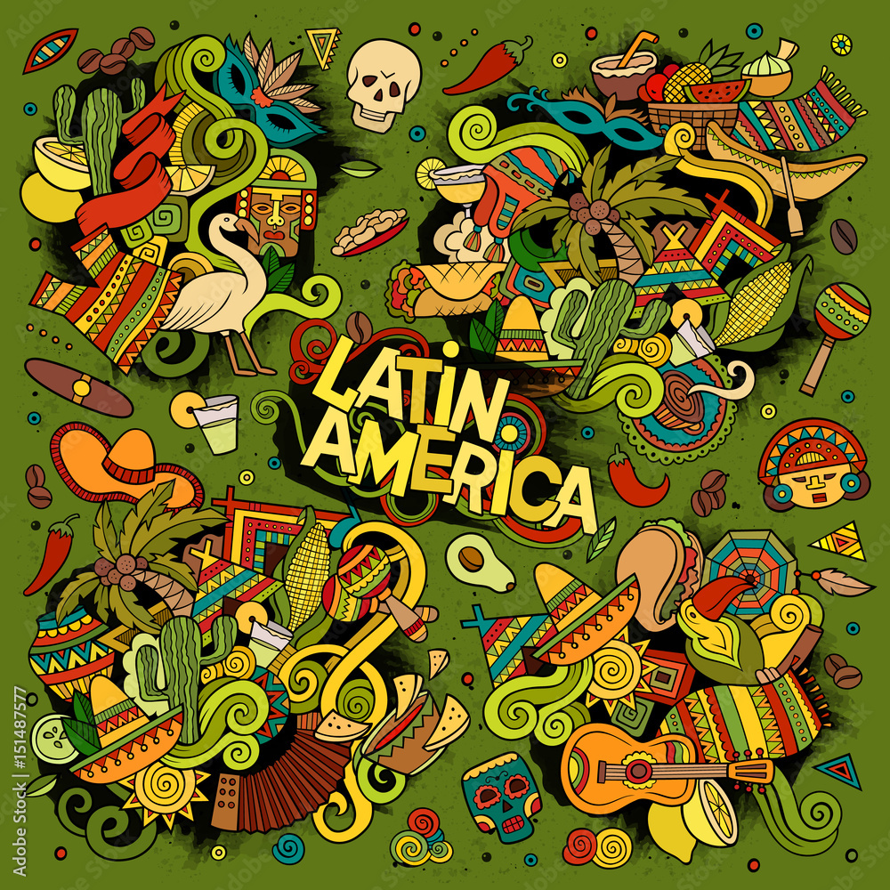 Colorful vector hand drawn Doodle Latin American objects
