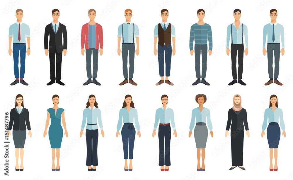 Young businessman and businesswoman in flat style. Vector collection.