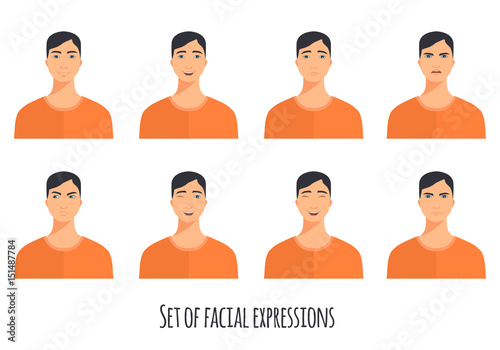 Set of facial expressions. Avatar icons in flat style. Adorable young man in casual clothes.