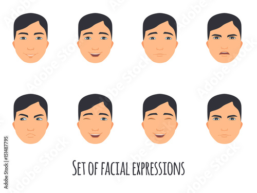 Set of facial expressions. Avatar icons in flat style. Adorable young man.