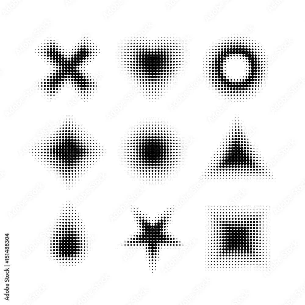 Vector halftone shapes set. Monochrome black and white grunge halftone different shapes collection.