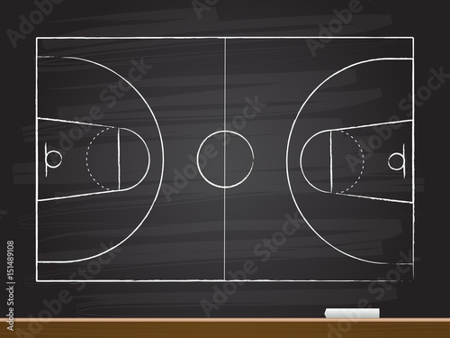 Chalk hand drawing with empty basketball court. Vector illustration.