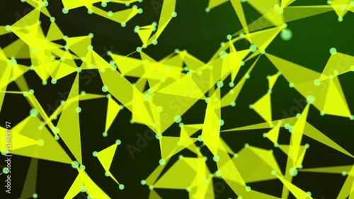 Abstract yellow geometrical background with moving dots and triangles. Connection structure. 3d animation.