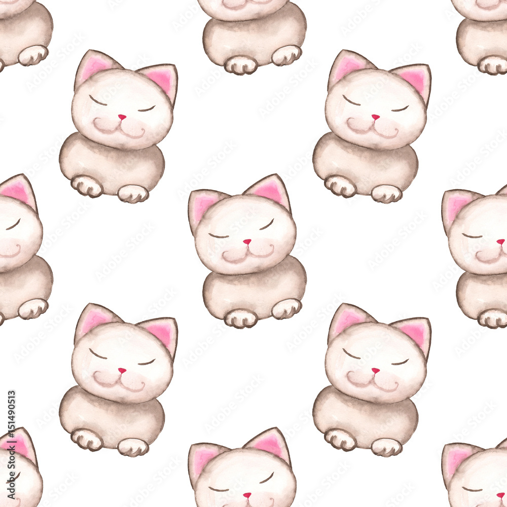 Seamless pattern with cute grey watercolor cats Seamless pattern with cute grey watercolor cats