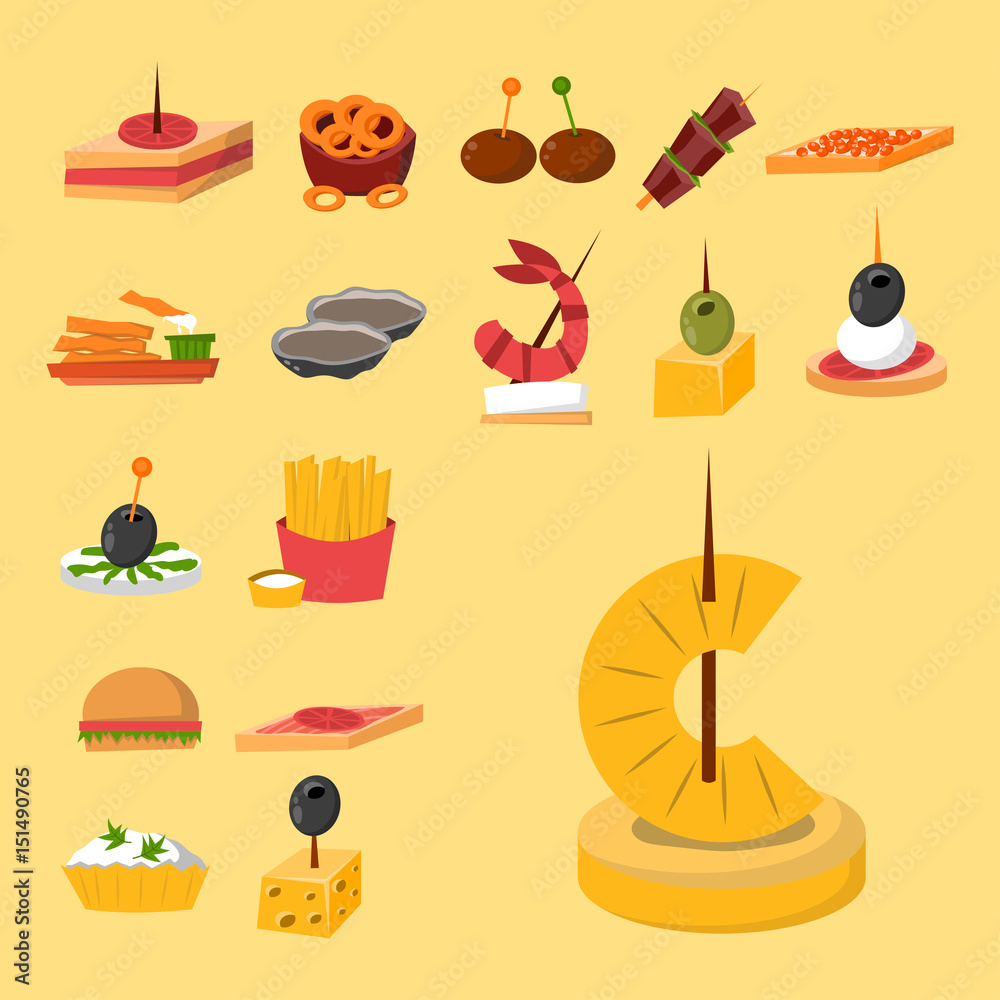 Various meat fish cheese banquet snacks on banquet platter canape snacks appetizer delicious vector.