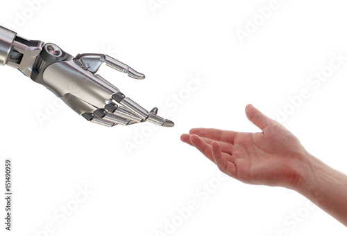 Human and Robot Touching 3d Illustration Isolated on White Background