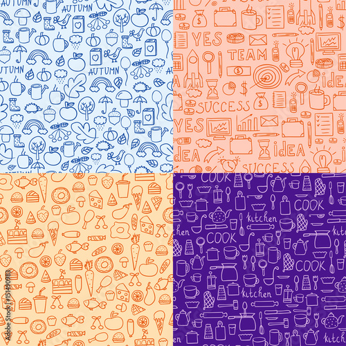 Cartoon doodles hand drawn style seamless pattern summer design wallpaper vec...