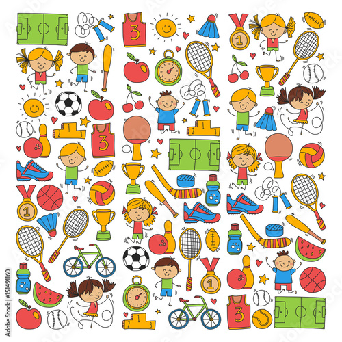 Children sport Fitness Football Volleyball Tennis Basketball Bicycle Running Award Baseball Kids sport for boys and girls Vector pattern