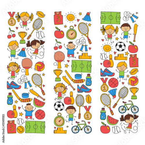 Children sport Fitness Football Volleyball Tennis Basketball Bicycle Running Award Baseball Kids sport for boys and girls Vector pattern