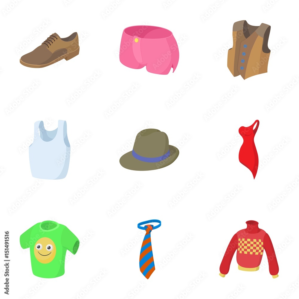 Types of clothes icons set, cartoon style