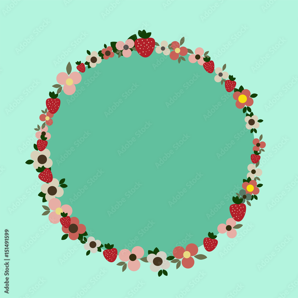 Erdbeeren und Blüten, Rahmen auf mintfarbenem Hintergrund