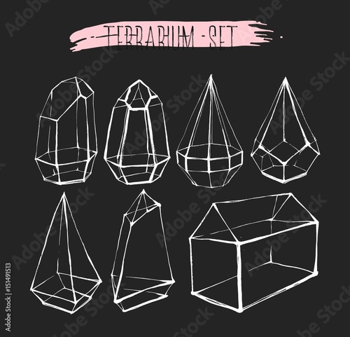 Hand drawn vector graphic line glass terrarium collection set isolated on black background.Design for gardening,decoration,interior.Save the date,wedding elements in scandinavian style.Hipster concept