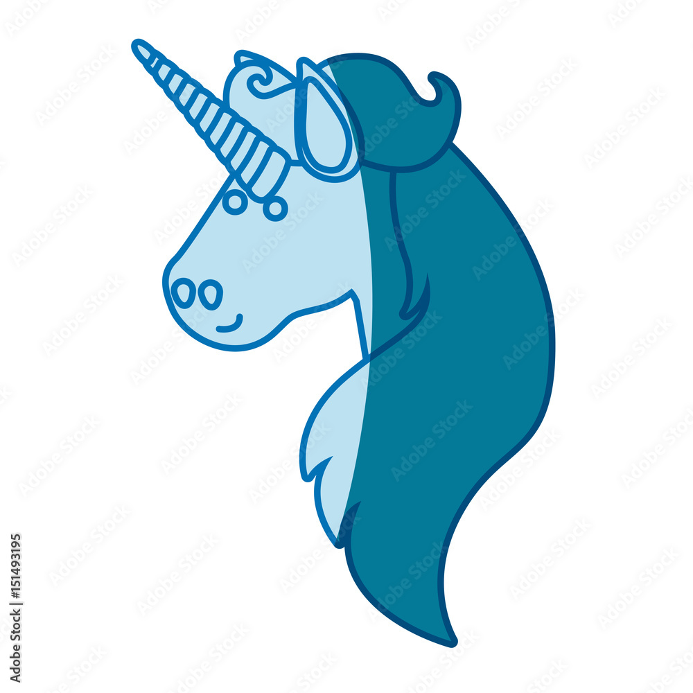 blue silhouette of face side view of male unicorn and long mane vector illustration