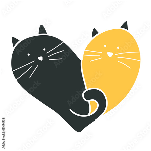 Two cats are woven in the shape of hearts, vector illustration