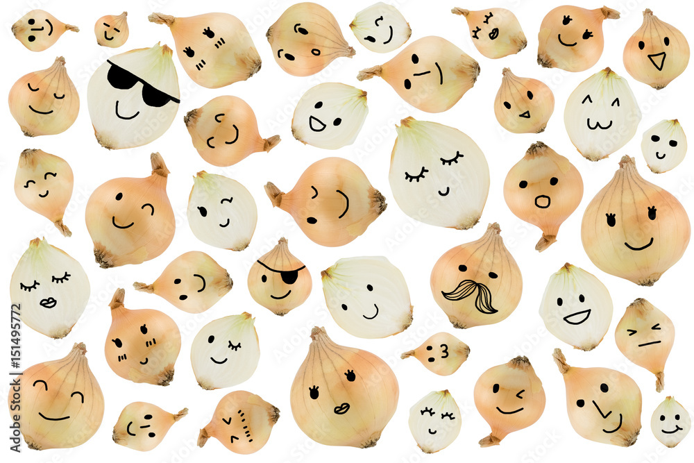 Onions pattern with cartoon faces isolated on white background