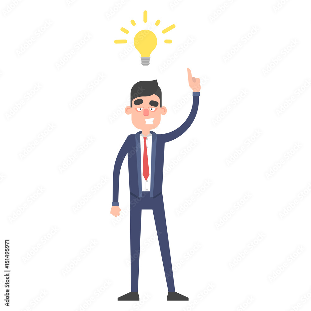 Successful businessman have idea bulb. Office worker character in suit