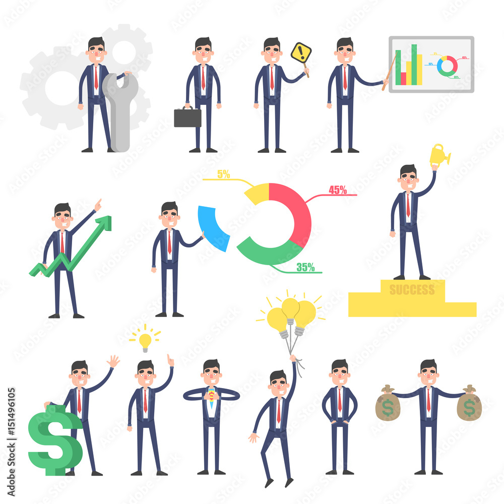 Large set businessman with infographics, idea bulb, money and more. Office worker character in differnet poses Large set businessman with infographics, idea bulb, money and more. Office worker character in differnet poses