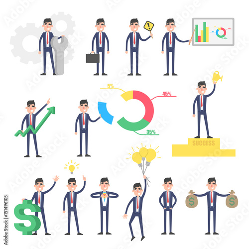 Large set businessman with infographics, idea bulb, money and more. Office worker character in differnet poses