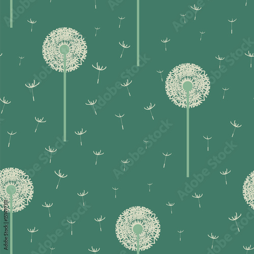 Seamless texture pattern dandelion on a green background, vector illustration
