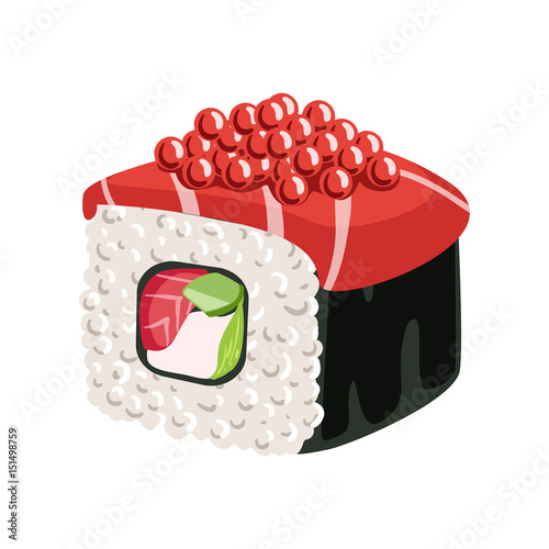 Sushi roll with salmon, vegetables, cream cheese, nori and caviar. Colorful cartoon illustration