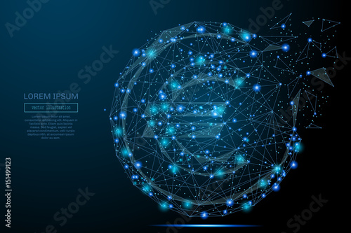 Abstract image of a euro cent in the form of a starry sky or space, consisting of points, lines, and shapes in the form of planets, stars and the universe. Vector coin wireframe concept.