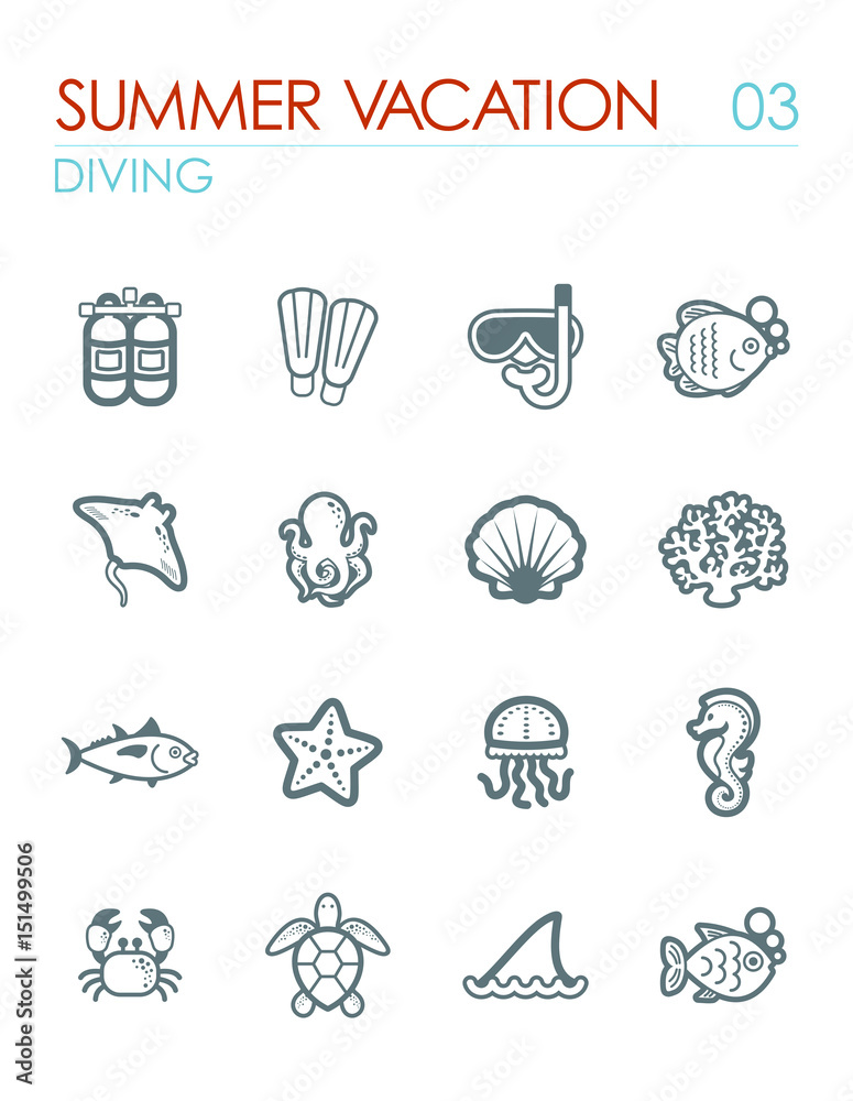 Diving icon set. Summer. Vacation Diving icon set. Summer. Vacation