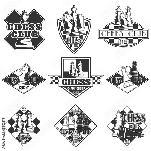 Vector set of monochrome chess club logo for your design, different kinds of printing and the Internet