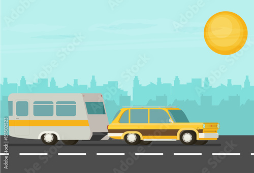 Flat vector Yellow Car Pulling Trailer