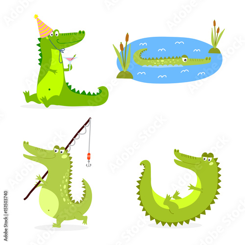Cartoon green crocodile funny predator australian wildlife river reptile alligator flat vector illustration.