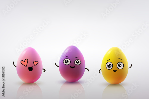 Easter card design. Set of realistic eggs on white background.  Smiling doodle characters. 3D. Vector illustration.