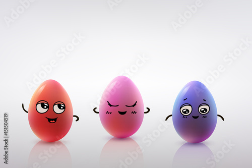 Easter card design. Set of realistic eggs on white background.  Smiling doodle characters. 3D. Vector illustration.