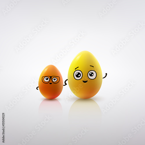 Easter card design. Set of realistic eggs on white background.  Smiling doodle characters. 3D. Vector illustration.