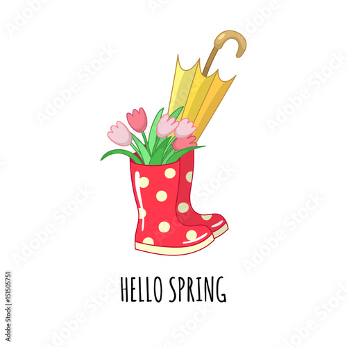 Red dotted rubber boots with a bouquet of tulips and an umbrella. Vector illustration.