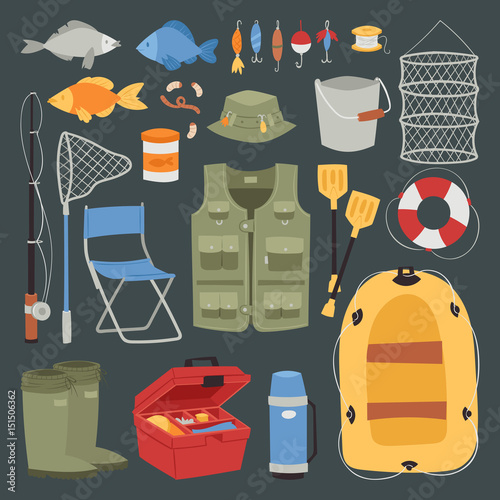 Fishing outdoor vacation fun activity icons set isolated fishery hobby design vector illustration
