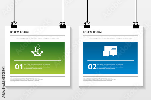 Vector illustration. Infographic pattern on a suspended sheet of paper. 3d style with two steps. Used for business presentations, education, web design. Place for text and icons