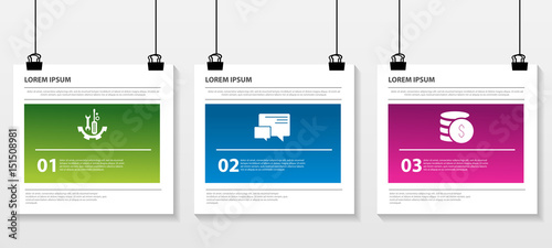 Vector illustration. Infographic pattern on a suspended sheet of paper. 3d style with three steps. Used for business presentations, education, web design. Place for text and icons