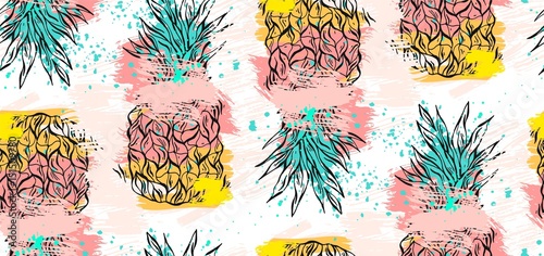 Hand drawn vector abstract tropical seamless pattern with pineapple in pastel colors and freehand textures isolated on white background.Summer time concept,wedding,birthday,save the date,decoration