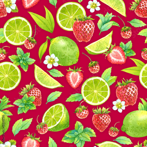 Fototapeta Naklejka Na Ścianę i Meble -  Seamless watercolor pattern with lime, mint and strawberry on red background