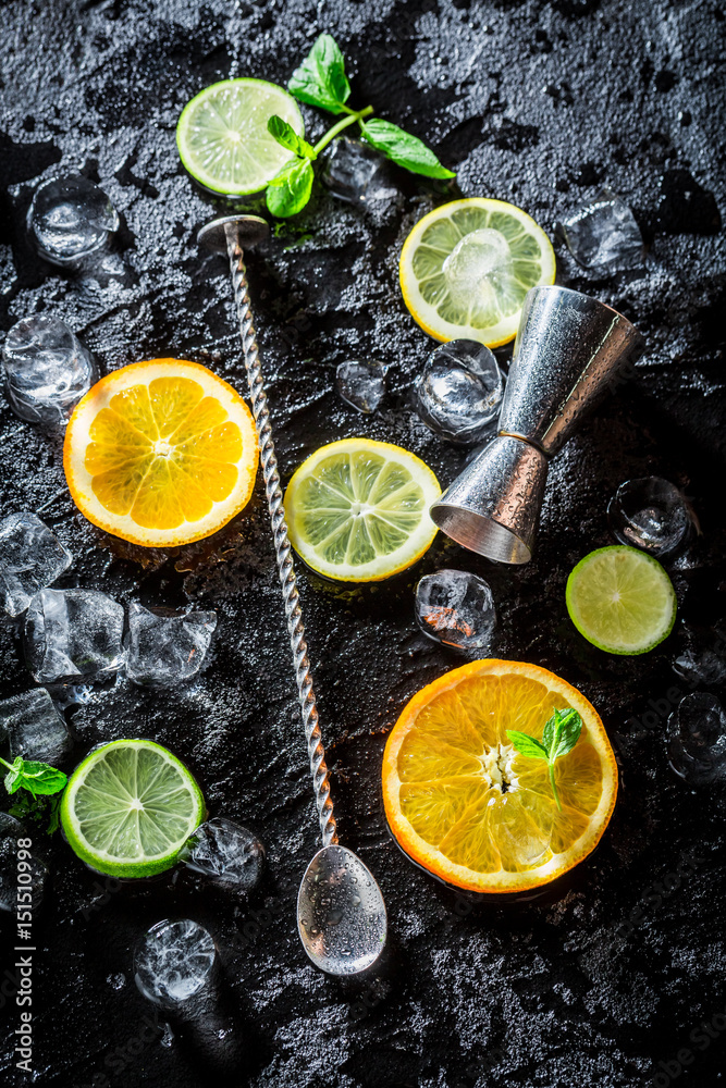 Bartender ingredients to make a cold drink Bartender ingredients to make a cold drink