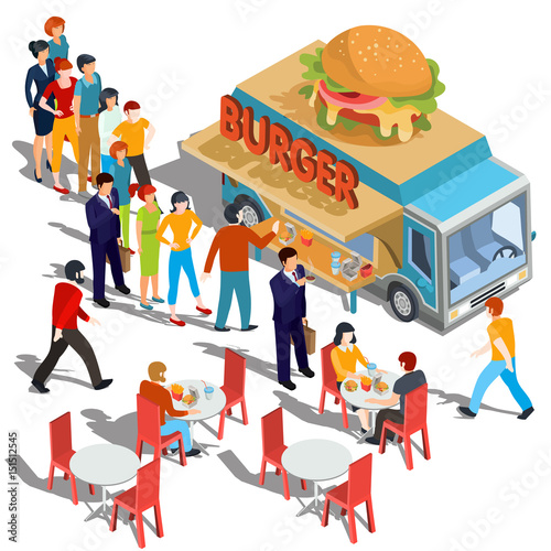 Vector isometric illustration people order and buy food and drink in a hamburger food truck, street fast food