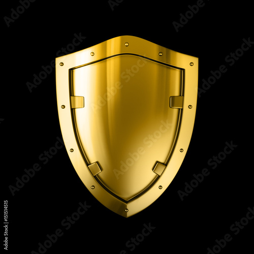 Bright shiny gold metal shield, isolated against the dark black background.