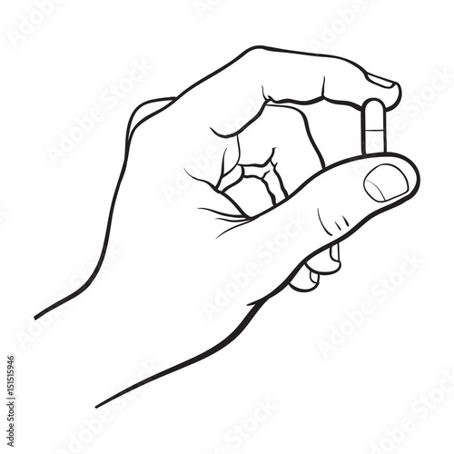 Hand holding two piece gelatin capsule by two fingers, side view black and white sketch style vector illustration on white background. Drawing of hand holding pill, capsule, medicine by two fingers