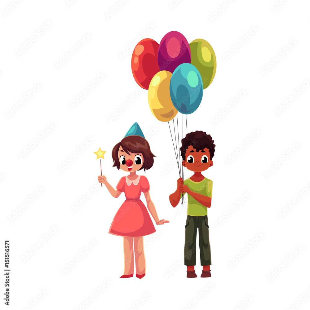 Black boy with bunch of balloons and caucasian girl in birthday cap, cartoon vector illustration isolated on white background. Two kids, boy and girl, holding birthday balloons and star stick