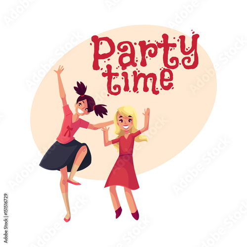 Two girls  one teenager with black ponytails  another blond preschooler  dancing at party  cartoon style invitation  banner  poster  greeting card design. Party invitation  advertisement