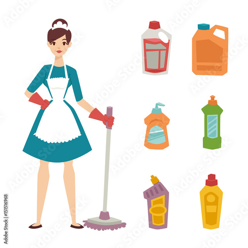 Housewife girl homemaker cleaning pretty girl wash cleanser chemical housework product equipment vector.