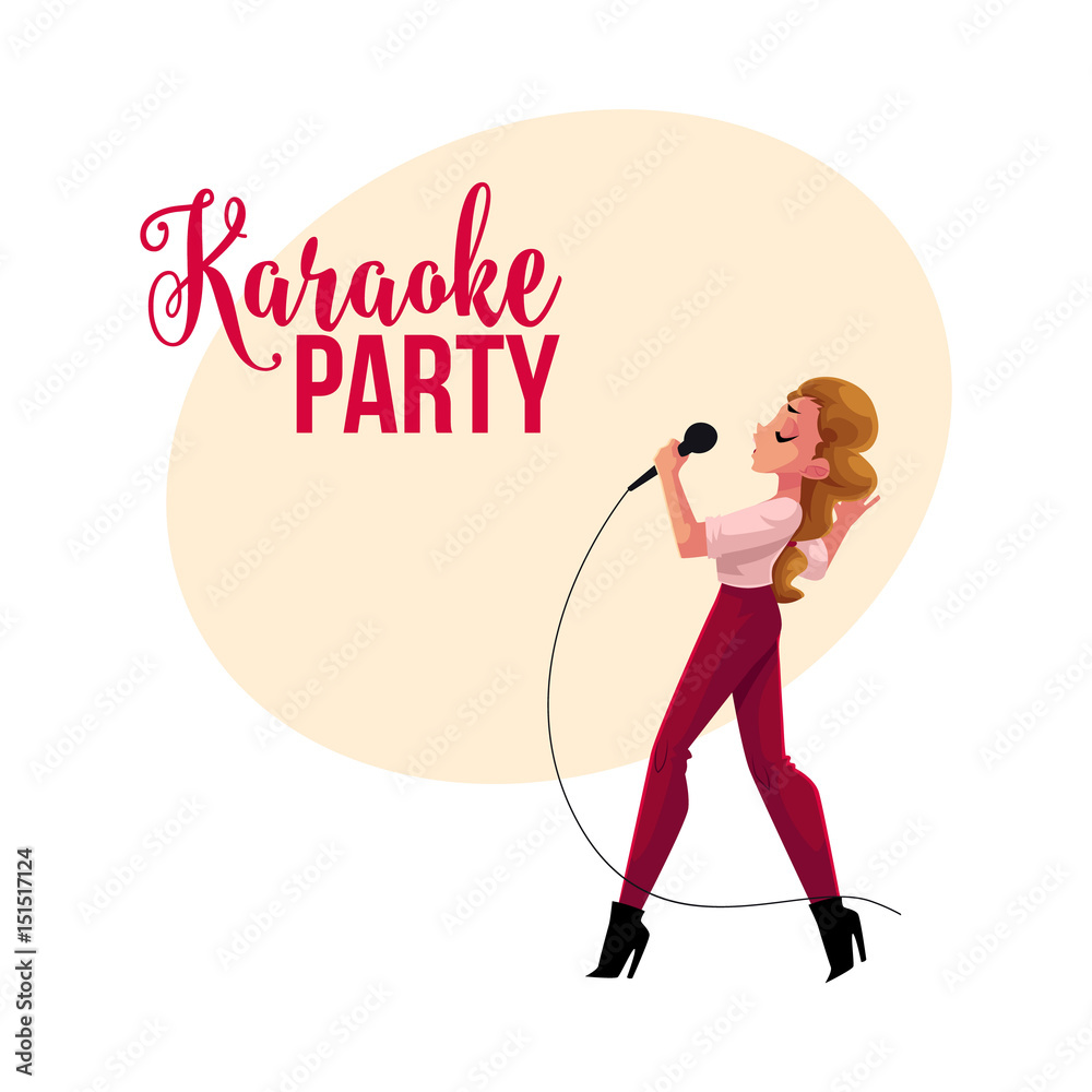 Karaoke party, contest banner, poster, postcard design with female singer,  cartoon vector illustration on white background. Karaoke party banner with  full length portrait of pretty woman singing Stock Vector | Adobe Stock