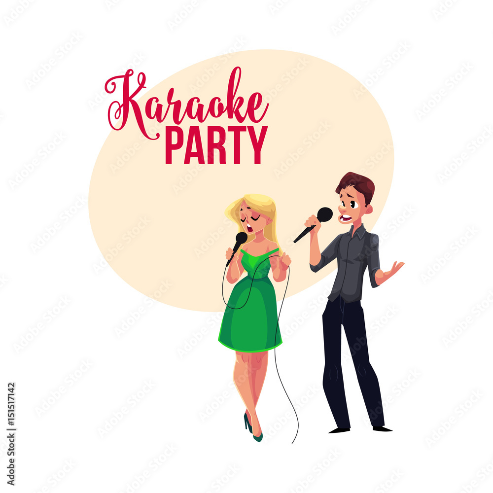Karaoke party, contest banner, poster, postcard design with couple of singers, cartoon vector illustration on white background. Karaoke party banner with man and woma singing together Karaoke party, contest banner, poster, postcard design with couple of singers, cartoon vector illustration on white background. Karaoke party banner with man and woma singing together